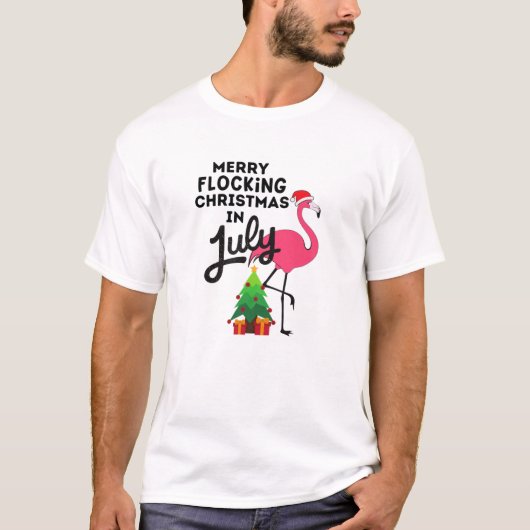 Vrolijk kerstfeest in juli grappig roze flamin t-shirt (Voorkant)
