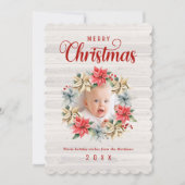 Vrolijk kerstfeest in Poinsettia Wreatfoto Feestdagenkaart (Voorkant)