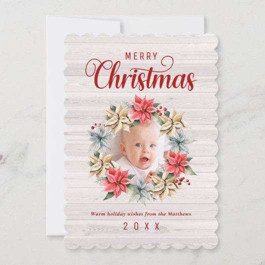 Vrolijk kerstfeest in Poinsettia Wreatfoto Feestdagenkaart (Voorkant)