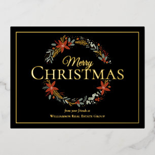 Vrolijk kerstfeest in Poinsettia Wreats Business Folie Feestdagen Briefkaart