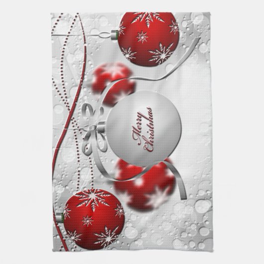 Vrolijk kerstfeest in Silver en Red Theedoek (Verticaal)