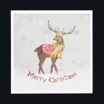 Vrolijk kerstfeest in sneeuw servet<br><div class="desc">Grote buck hert in sneeuwvlokken met wintersjaal en rode Merry-kersttekst op zilveren sneeuwvlokken achtergrond. De tekst kan worden bewerkt.</div>