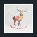 Vrolijk kerstfeest in sneeuw servet<br><div class="desc">Grote buck hert in sneeuwvlokken met wintersjaal en rode Merry-kersttekst op zilveren sneeuwvlokken achtergrond. De tekst kan worden bewerkt.</div>
