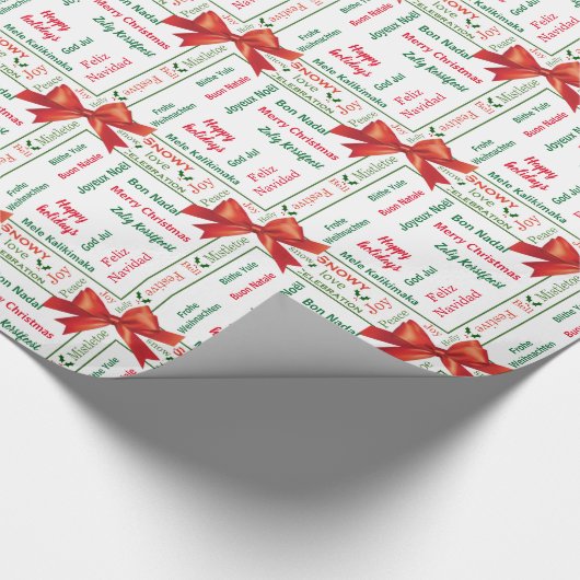 Vrolijk kerstfeest in verschillende talen cadeaupapier (Hoek)