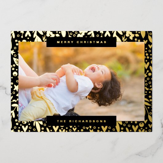 Vrolijk kerstfeest in witte zwarte gouden fotoflor folie feestdagenkaart (Voorkant)