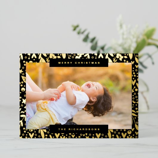 Vrolijk kerstfeest in witte zwarte gouden fotoflor folie feestdagenkaart (Staand Voorkant)