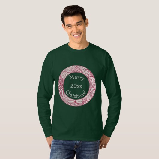 Vrolijk kerstfeest, jaar, decoratieve rode cirkel  t-shirt (Voorkant volledig)