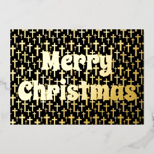 Vrolijk kerstfeest Jezus kruis elegant zwart en go Folie Feestdagenkaart (Voorkant)