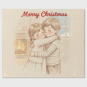 Vrolijk kerstfeest jongen en meisje samen gefotogr cadeaupapier