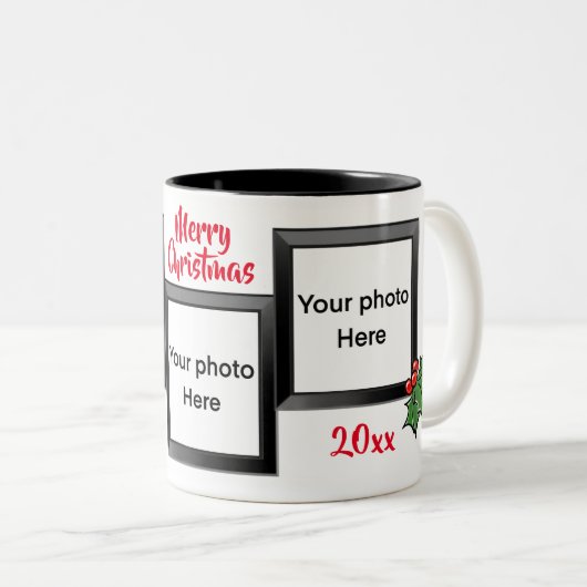 Vrolijk kerstfeest juichen Holly bessen foto Tweekleurige Koffiemok (Voorkant rechts)