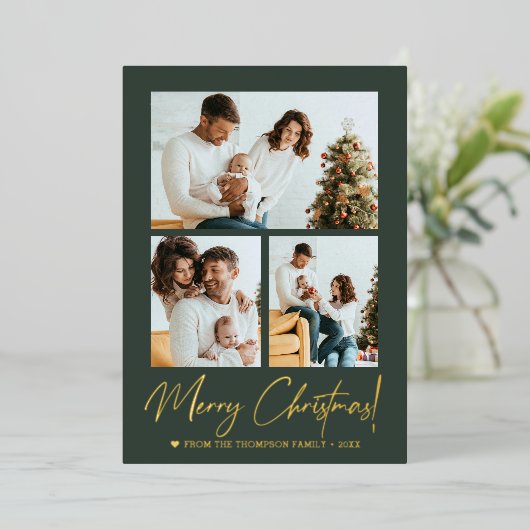 Vrolijk Kerstfeest Kalligrafie Foto Modern Groen Folie Feestdagenkaart (Staand Voorkant)