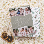 Vrolijk Kerstfeest Kalligrafie Sage Green 6 Foto's Folie Feestdagenkaart<br><div class="desc">Geef uw kerstkaarten een sprankeling met echt goud, zilver of roos gouden folie! Verspreid vakantie juichen met deze charmante salie groene kerstfoto folie kaart! De voorkant bevat "Merry Christmas" in echte folie speelse handgeschreven kalligrafie, met je familienaam en het jaar weggestopt in een van de bloeit. Voeg een persoonlijk tintje...</div>