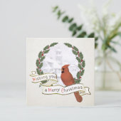 Vrolijk Kerstfeest Kardinaal Vogel  Holly krans Feestdagenkaart (Staand voorkant)