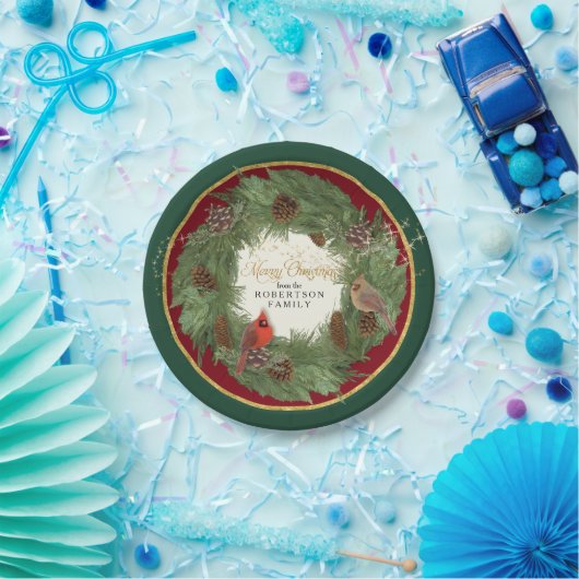 Vrolijk kerstfeest Kardinalen Pine Cone Krans Papieren Bordje (Feest)