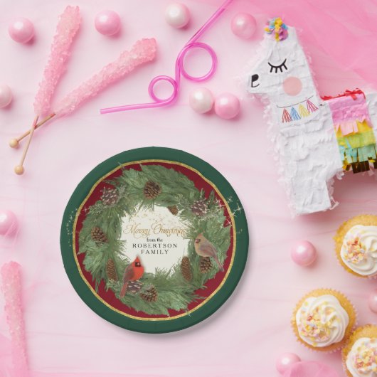 Vrolijk kerstfeest Kardinalen Pine Cone Krans Papieren Bordje (Feest)