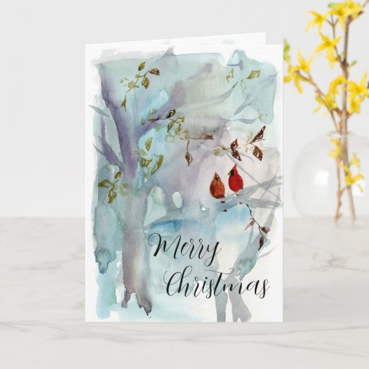 Vrolijk Kerstfeest Kardinalen Winter Forest Waterv Kaart (Gele Bloem)