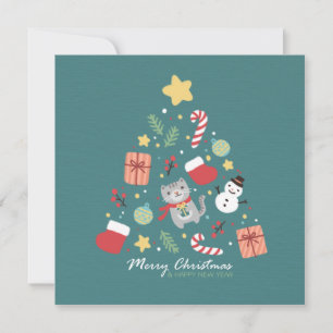 Vrolijk kerstfeest: kat en boom illustratie kaart