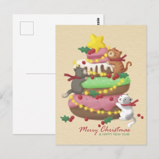 Vrolijk Kerstfeest: Katten & snoepjes Illustratie Briefkaart (Voorkant / Achterkant)