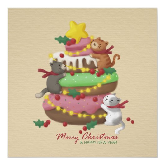 Vrolijk Kerstfeest: Katten & snoepjes Illustratie Perfect Poster (Voorkant)