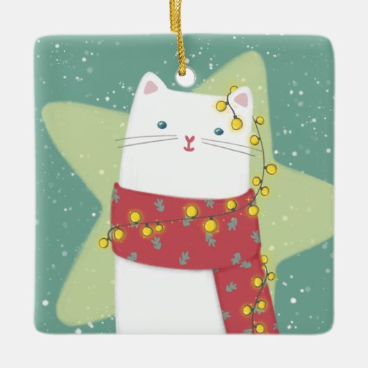 Vrolijk Kerstfeest: Kattenillustratie Keramisch Ornament (Voorkant)