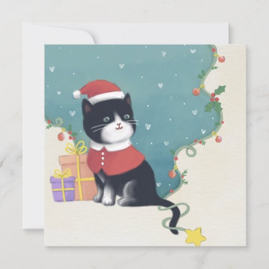 Vrolijk Kerstfeest: Kattenillustratie Kunst Feestdagenkaart (Voorkant)