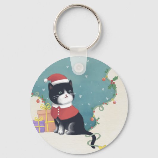 Vrolijk Kerstfeest: Kattenillustratie Kunst Sleutelhanger (Voorkant)