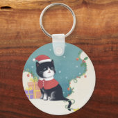 Vrolijk Kerstfeest: Kattenillustratie Kunst Sleutelhanger (Voorkant)
