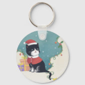 Vrolijk Kerstfeest: Kattenillustratie Kunst Sleutelhanger (Achterkant)