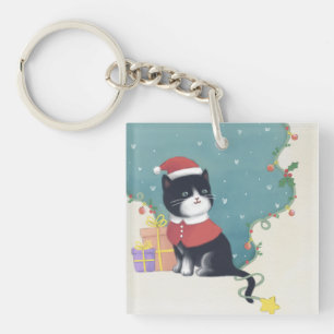 Vrolijk Kerstfeest: Kattenillustratie Kunst Sleutelhanger