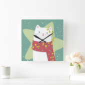 Vrolijk Kerstfeest: Kattenillustratie Vierkante Klok (Huis)