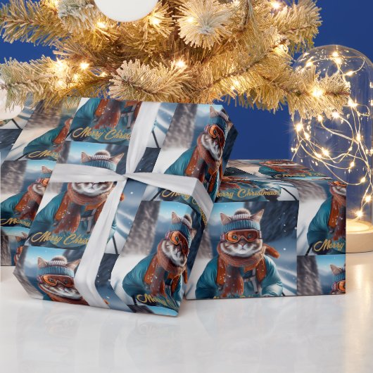 Vrolijk Kerstfeest Kattenskiën Cadeaupapier (Feestdagen)