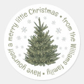 Vrolijk kerstfeest, kerstboom familienaam ronde sticker (Voorkant)
