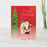 Vrolijk kerstfeest, kerstboom, Santa Claus Snowman Feestdagen Kaart<br><div class="desc">Elegant kerstboom en santa claus met sneeuwman op rode achtergrond en een sentimenteel vers binnenin.</div>