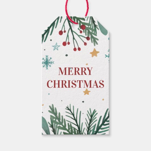 Vrolijk kerstfeest, kerstboomtakken, sterren cadeaulabel (Voorkant)