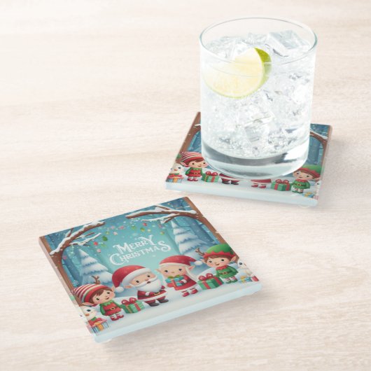 Vrolijk Kerstfeest/Kerstman/elfen sneeuw Glazen Onderzetter (Schuin)