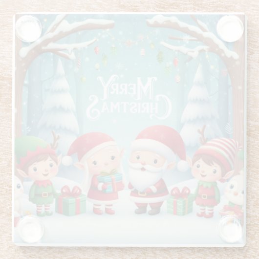 Vrolijk Kerstfeest/Kerstman/elfen sneeuw Glazen Onderzetter (Achterkant)