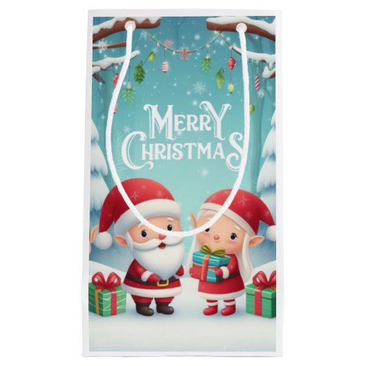 Vrolijk Kerstfeest/Kerstman/elfen sneeuw Klein Cadeauzakje (Voorkant)