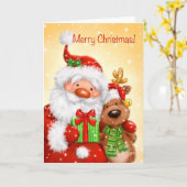 Vrolijk kerstfeest, kerstman en rendierportret kaart (Gele Bloem)