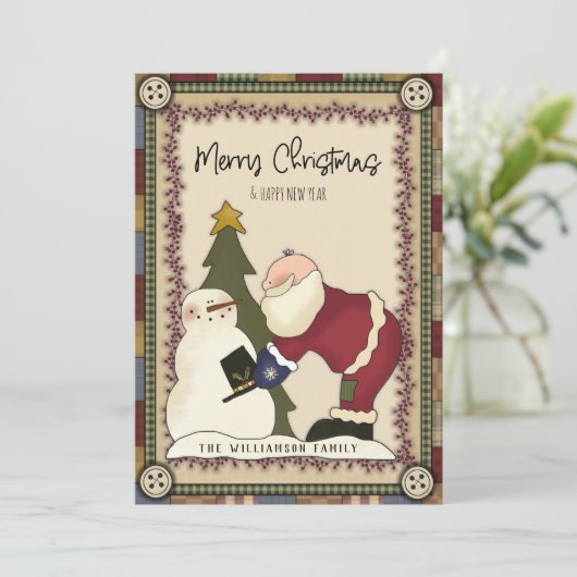 Vrolijk kerstfeest: Kerstman en Snowman Feestdagenkaart (Staand voorkant)