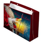 Vrolijk kerstfeest. Kerstman met Cadeau Groot Cadeauzakje (Voorkant Gekanteld)