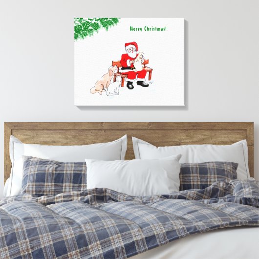 Vrolijk kerstfeest - Kerstman met kat en hond Canvas Afdruk (Insitu (Slaapkamer))