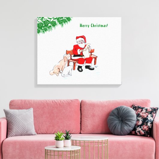 Vrolijk kerstfeest - Kerstman met kat en hond Canvas Afdruk (Insitu (Woonkamer))