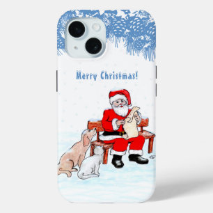 Vrolijk kerstfeest - Kerstman met kat en hond iPhone 15 Case