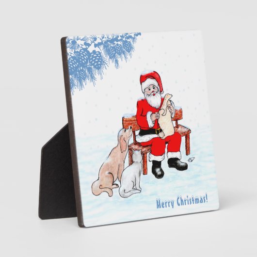 Vrolijk kerstfeest - Kerstman met kat en hond Fotoplaat (Voorkant)