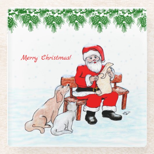 Vrolijk kerstfeest - Kerstman met kat en hond Glazen Onderzetter (Voorkant)