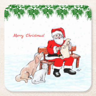 Vrolijk kerstfeest - Kerstman met kat en hond Kartonnen Onderzetters