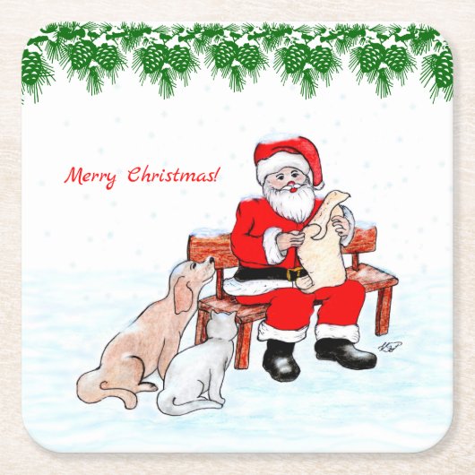 Vrolijk kerstfeest - Kerstman met kat en hond Kartonnen Onderzetters (Voorkant)