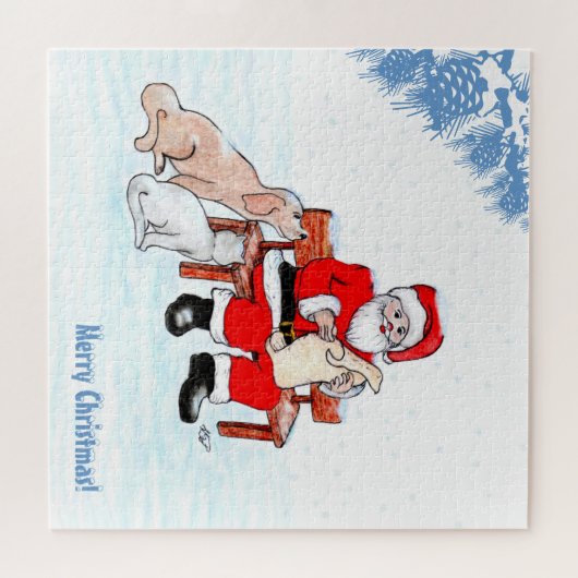 Vrolijk kerstfeest - Kerstman met kat en hond Legpuzzel (Horizontaal)