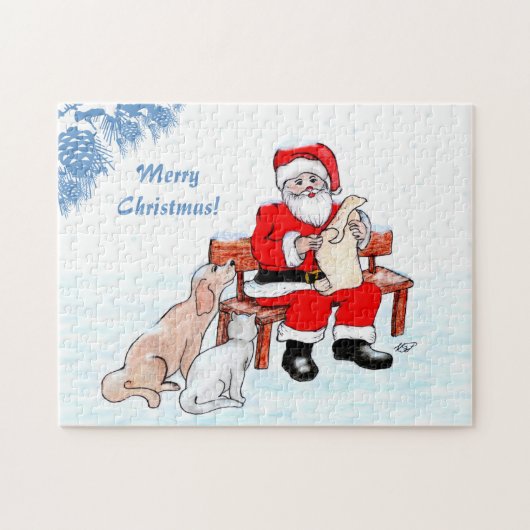 Vrolijk kerstfeest - Kerstman met kat en hond Legpuzzel (Horizontaal)