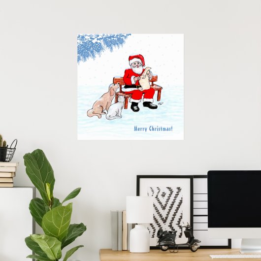 Vrolijk kerstfeest - Kerstman met kat en hond Poster (Thuiskantoor)